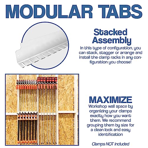 Modular Clamp Rack Assortment with 1 each F-Clamp Rack • 1 each Bar/Parallel Clamp Rack and 1 each Pipe Clamp Rack Included • Easy and Quick to Align Fulton Woodworking Tools