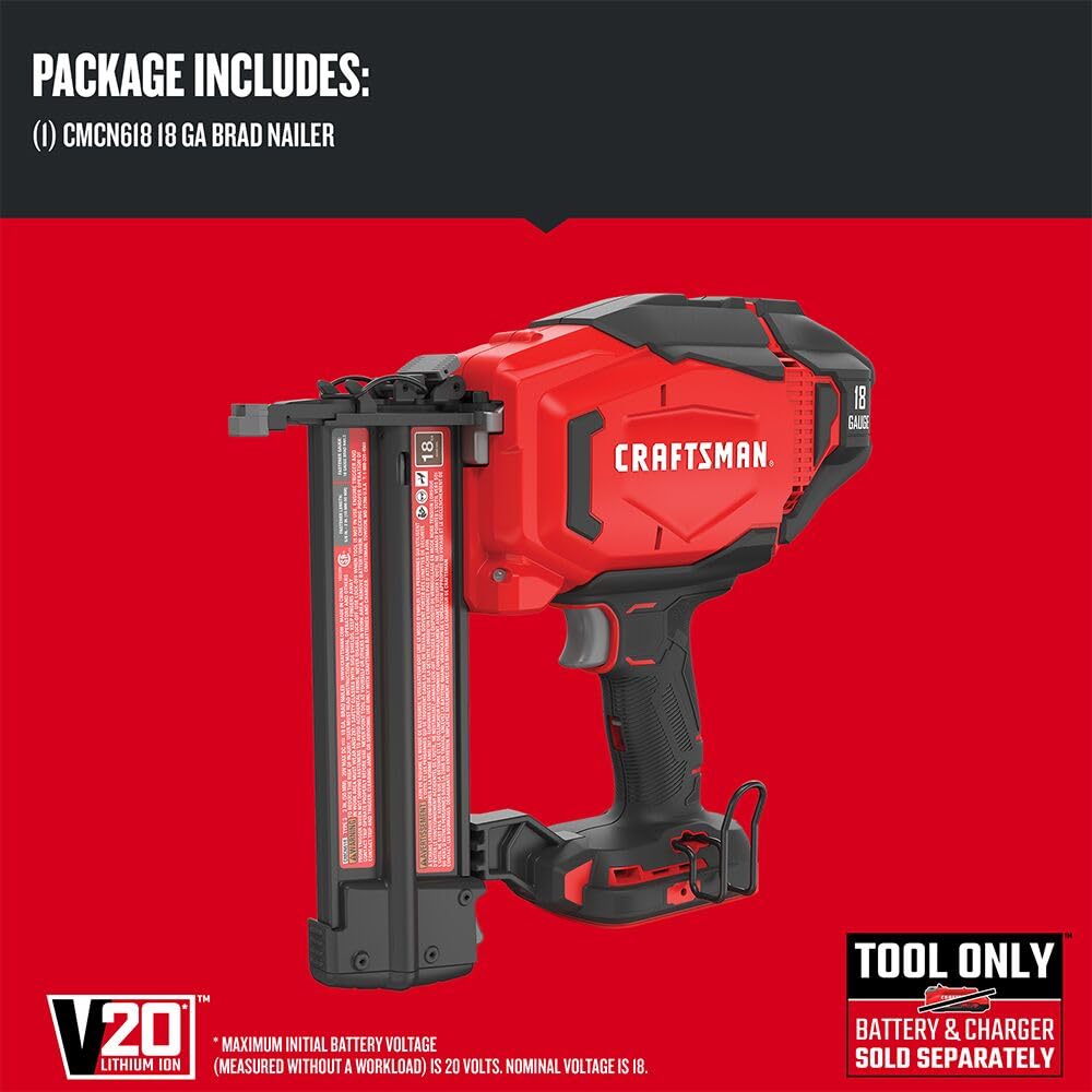 CRAFTSMAN V20 Brad Nailer, 18GA, Cordless, Bare Tool Only (CMCN618B) - WoodArtSupply