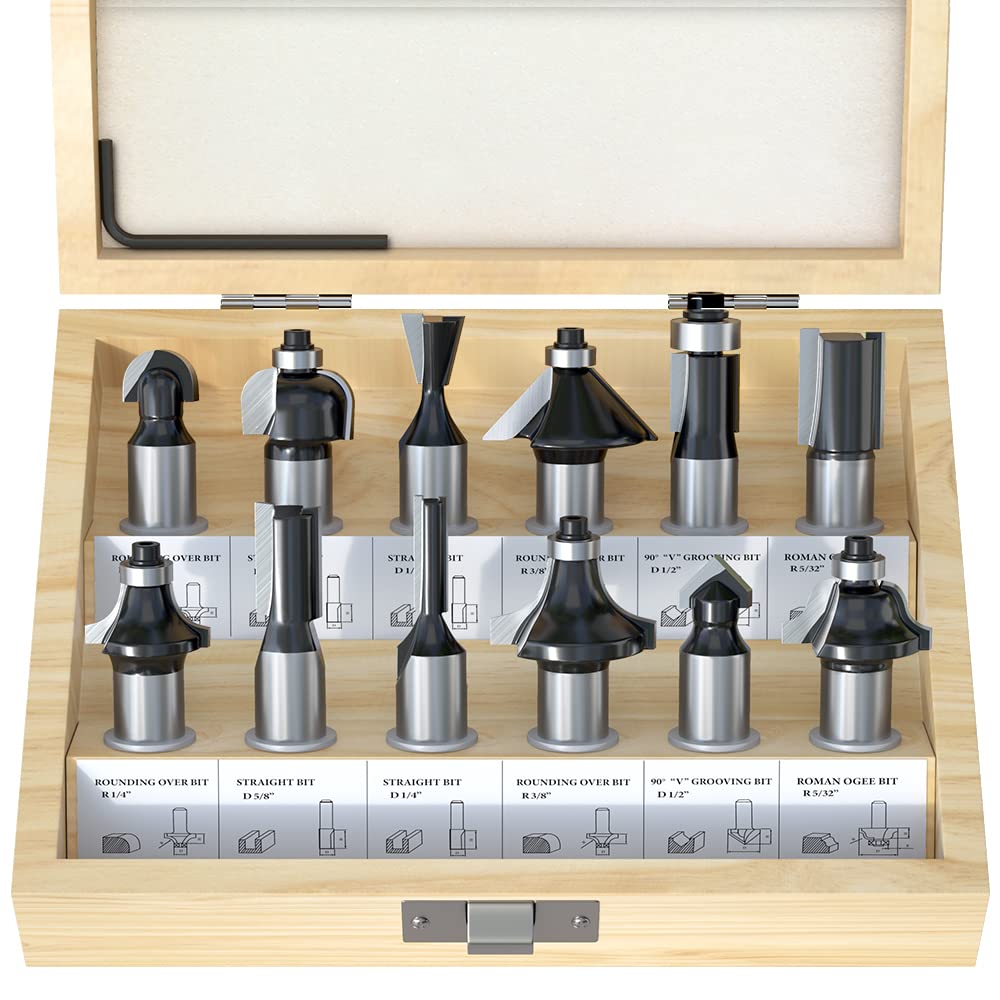 FivePears Tungsten Carbide Router Bits - 12 Piece Router Bit Set with 1 ...