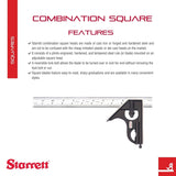 Starrett Steel Combination Square with Square Head - 12" Blade Length, Forged and Hardened Steel Heads, Reversible Lock Bolt, Scriber, 16R Graduation Starrett