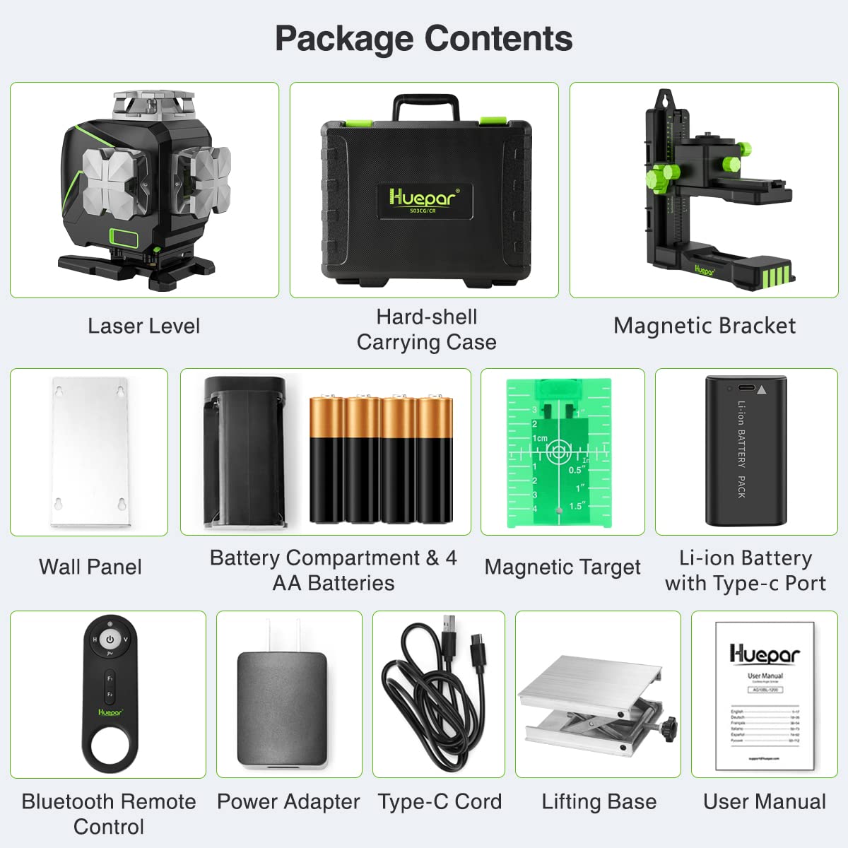 Huepar 16 Lines Self-Leveling Laser Level 4 x 360 Cross Line Laser with LCD Screen, 4D Bluetooth Green Beam Tiling Floor Laser Tool -360 Huepar