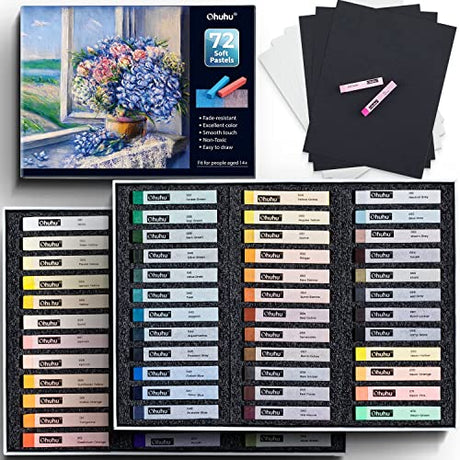 Ohuhu 72 Long Chalk Pastels Set: 72 Soft Pastels For Artists Including 4 Fluorescent Colors With 6 Pastel Papers for Drawing Blending Layering Ohuhu
