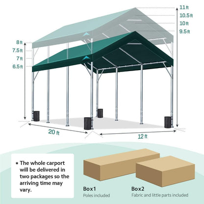 ADVANCE OUTDOOR 12x20 ft Heavy Duty Carport Car Canopy Garage Boat Shelter Party Tent, Adjustable Peak Height from 9.5ft to 11ft, Green