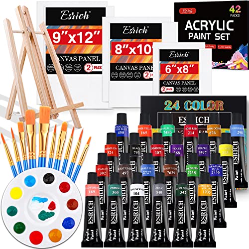 ESRICH Acrylic Paint Canvas Set,42 Piece Professional Premium Paint Kit with 1 Wood Easel,24Colors,10 Brushes,6 Canvases, Painting Supplies Kit for