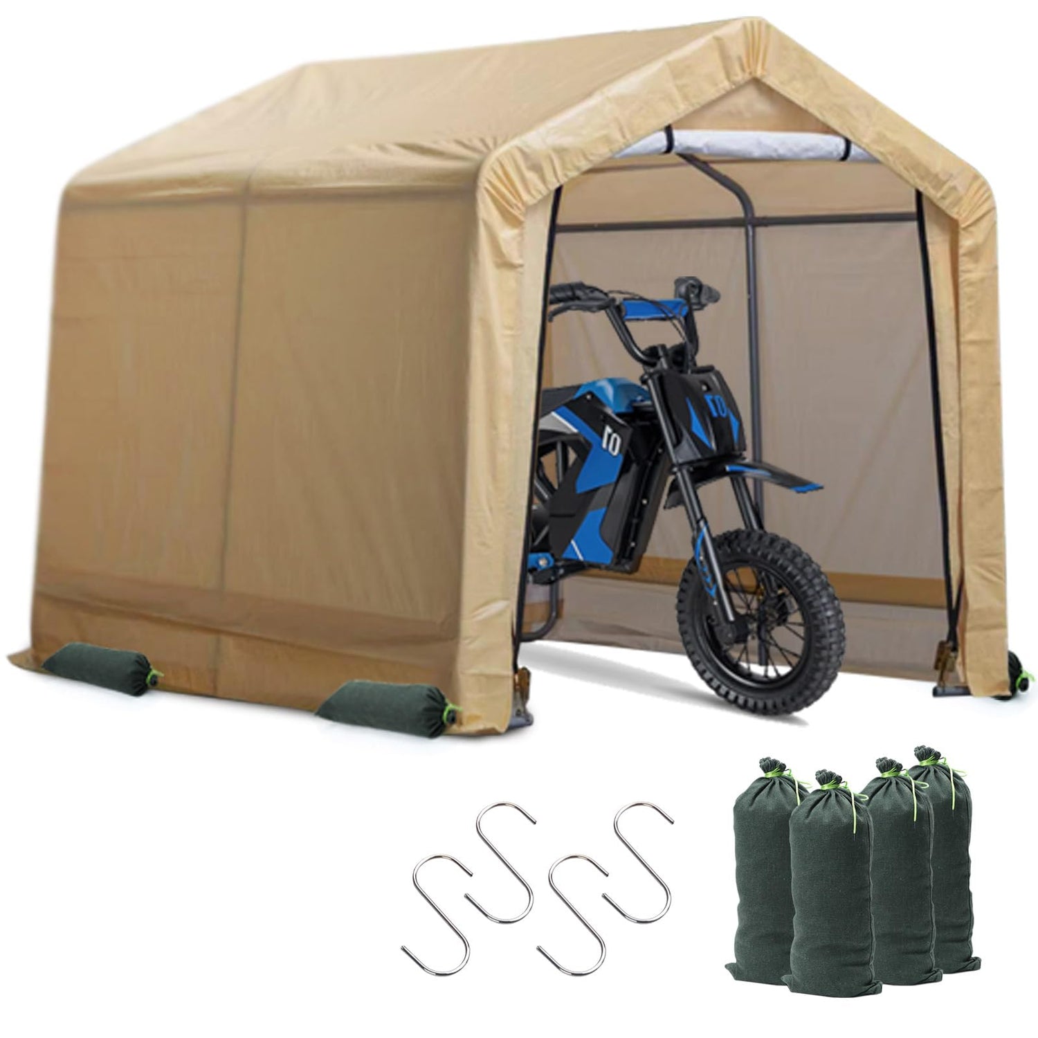 Weather Fast 6x6 Ft Heavy Duty Outdoor Storage Shed Shelter with Roll-up Zipper Door S-Hooks and Sandbags, Waterproof and UV Resistant Portable Weather Fast