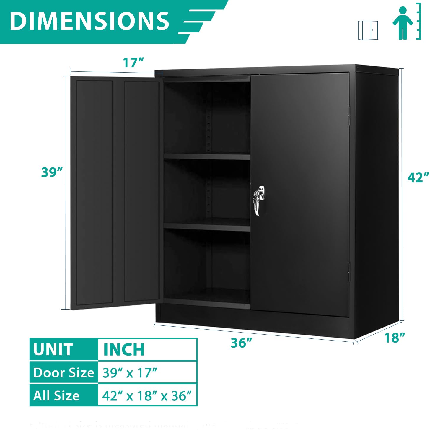 INTERGREAT Steel Storage Cabinet with Lock, Lockable Metal Storage Cabinets with 2 Adjustable Shelves, Black Counter Height Garage Cabinet INTERGREAT