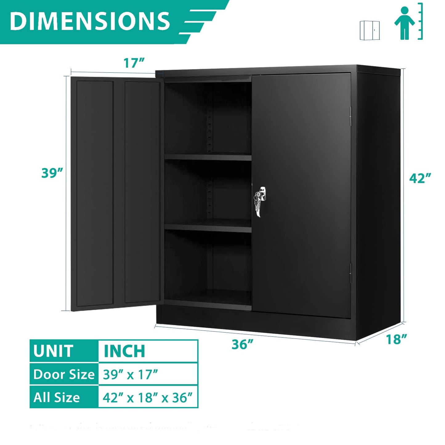 INTERGREAT Steel Storage Cabinet with Lock, Lockable Metal Storage Cabinets with 2 Adjustable Shelves, Black Counter Height Garage Cabinet