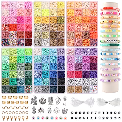 QUEFE 14000pcs, 136 Colors Clay Beads for Bracelet Making Kit Flat Round Polymer Clay Beads Spacer Heishi Beads for Jewelry Making with Pendant QUEFE