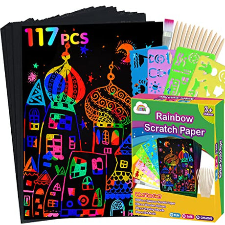 ZMLM Rainbow Scratch Paper Kit: 117Pcs Magic Art Craft Stuff Supplies Black Drawing Pad for Age 3-12 Kids Children Girl Boy DIY Toy Activity ZMLM