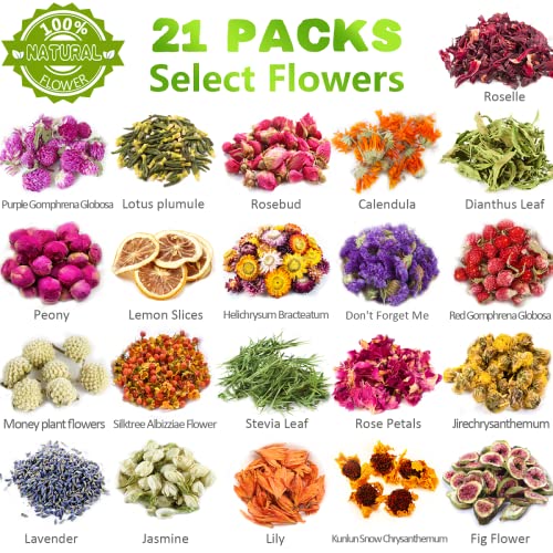 [Latest] 21 Pack Dried Flowers for Candle Making, 100% Natural Dried Herbs Kit for Soap Making, Bath, Resin Jewelry Making, Bulk Dried Flowers JAZIPO