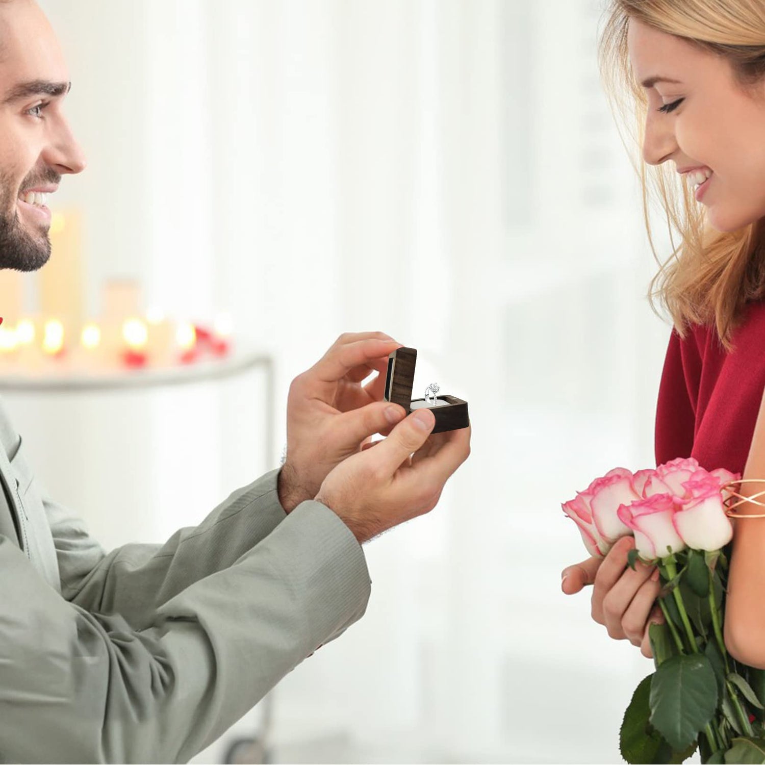 WisePoint Wooden Ring Box, Mini Engagement Ring Holder Box with Transparent Cover, Square Wedding Ring Box with Sponge Slot, Elegant and Retro Ring WisePoint