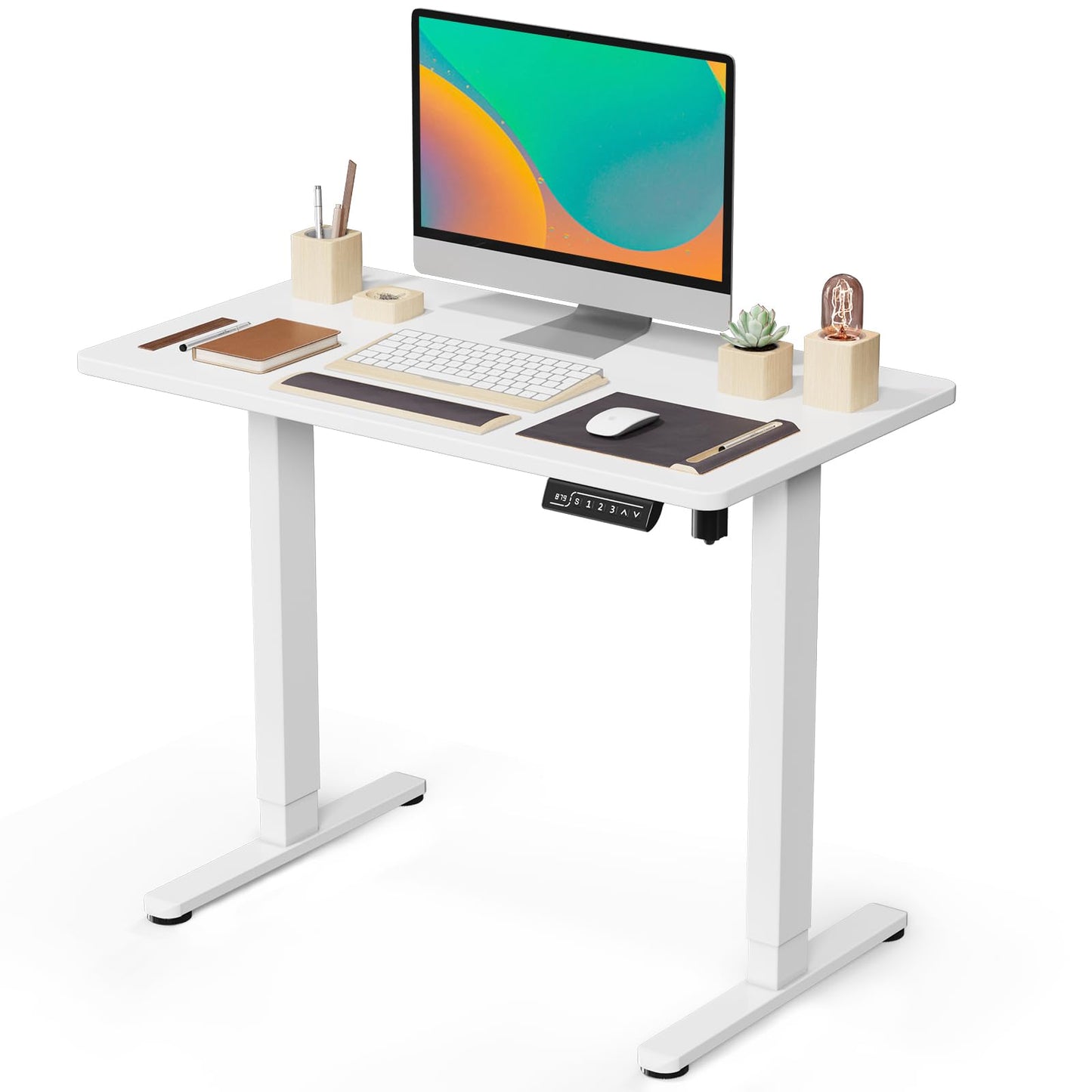 JOY worker Small Electric Standing Desk, 35" x 20" Whole Piece Height Adjustable Desk with Memory Controller, White Sit to Stand Desk Workstation for - WoodArtSupply