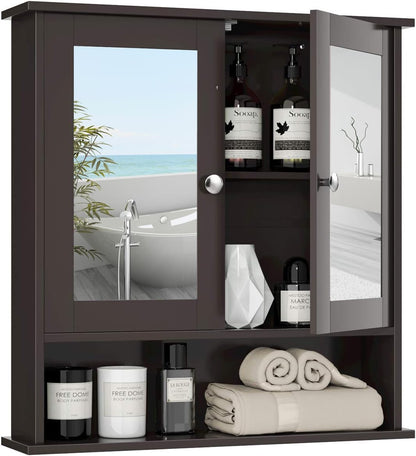 Byroce Bathroom Medicine Cabinet, Bathroom Wall Cabinet with 2 Mirror Doors & Adjustable Shelf, Over Toilet Storage, Wood Wall Mounted Storage