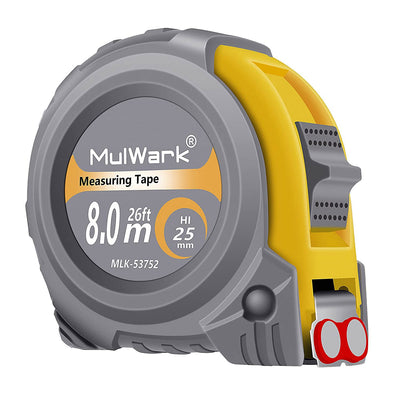 MulWark 26ft Measuring Tape Measure by Imperial Inch Metric Scale with Both-Side Metal Blade,Magnetic Tip Hook and Shock Absorbent Case-for