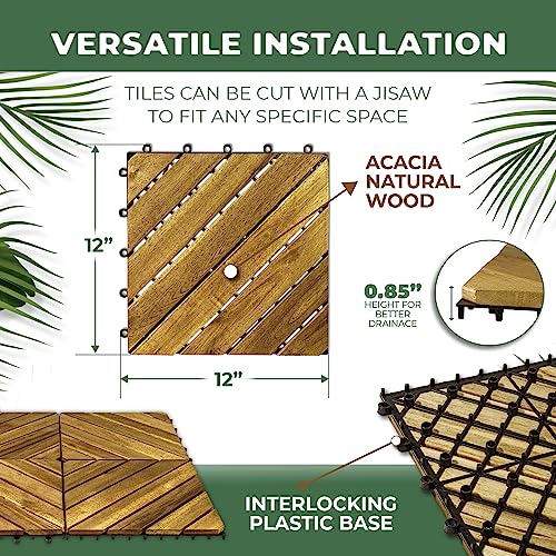 Interlocking Deck Tile (Pack of 10, 12"x12") Acacia Hardwood Deck Tile, Interlocking Patio Tile in Solid Acacia Wooden Oiled Finish Waterproof all WoodArtSupply
