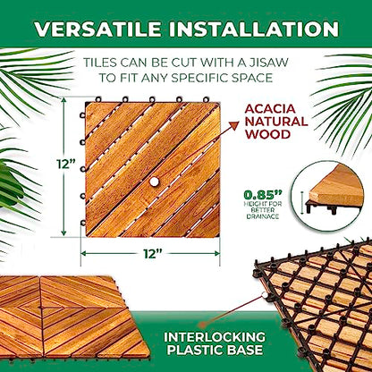 Interlocking Deck Tile (Pack of 10, 12"x12") Acacia Hardwood Deck Tile, Interlocking Patio Tile in Solid Acacia Wooden Oiled Finish Waterproof all