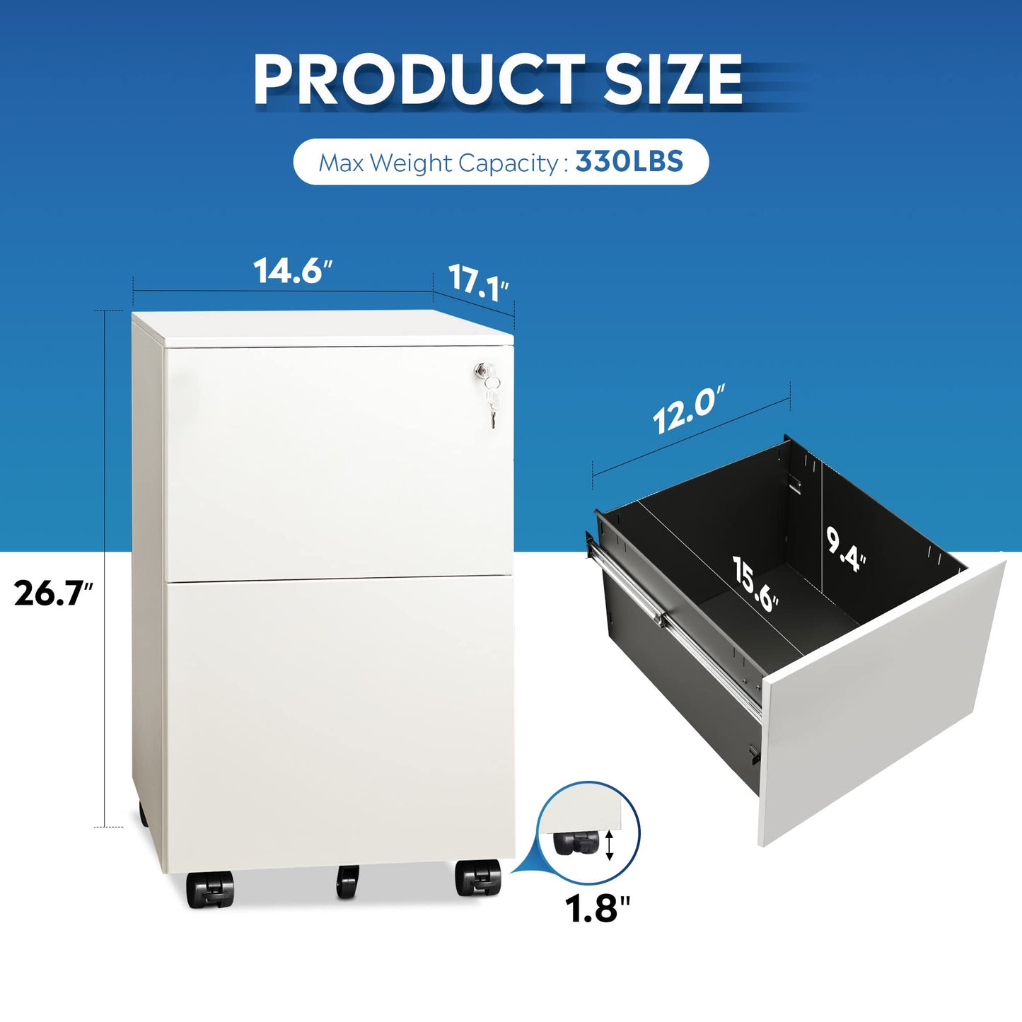 DEVAISE 2-Drawer Mobile File Cabinet with Lock, Commercial Vertical Cabinet in White - WoodArtSupply