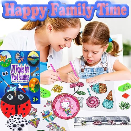 Huastyle Arts & Crafts Kits for Kids Girls Ages 8-12, 24 Wood Slices Pack  with Diamond Painting Creative DIY Activity Gifts Toy, Wooden Ornaments