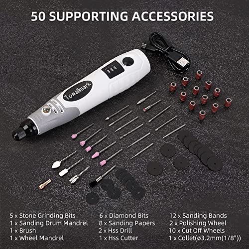 Rotary Tool Kit, Towallmark Cordless Rotary Tool 3.6V with 50 Accessories, USB Rechargeable, 3 Speed Mini Rotary Tool Multi-Purpose for Sanding, Towallmark