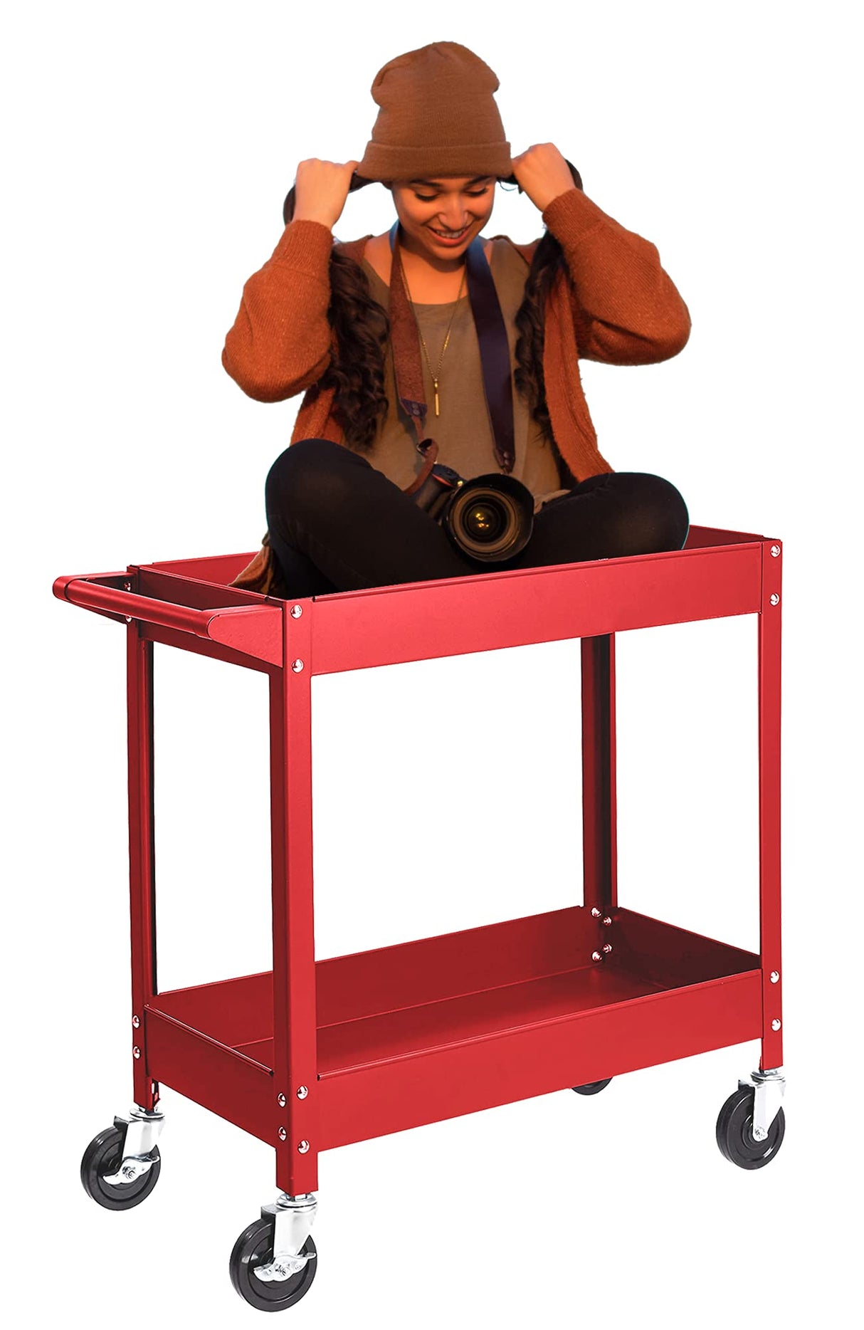 TCE Service Utility Cart Heavy Duty 2 Shelf Tier 300 LBs Rolling Trolley Storage Organizer for Garage Warehouse Workshop, APTC304U , Red TCE