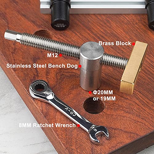 2 Pack Bench Dog Clamp Dog Hole Clamp with 4 Pack Bench Dogs Woodworking 3/4 Inch Adjustable Workbench Stop Stainless Steel Brass (19mm) - WoodArtSupply