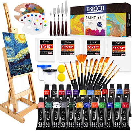 Professional Acrylic Paint Set, 60PCS with Paint Brushes,Acrylic Paint,Easel,4 Sizes Blank Canvases,Palette, Paint Knives,Brush Cup and Art Sponges ESRICH