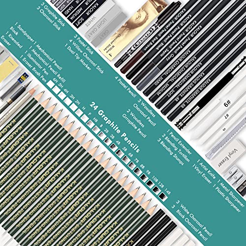 KALOUR 72-Pack Sketch Drawing Pencils Kit with Sketchbook and 3-color Drawing Paper,Tin Box,Include Graphite,Charcoal,Drawing Glove and Artists KALOUR