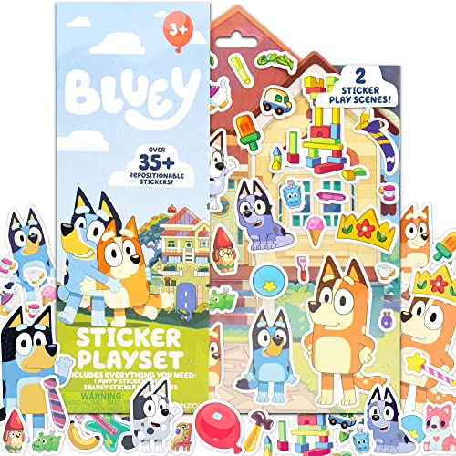 Horizon Group USA Bluey Sticker Playset, 2 Sticker Play Scenes, 35+ Reusable Puffy Bluey Repositionable Stickers for Kids, Perfect for Travel, Horizon Group USA