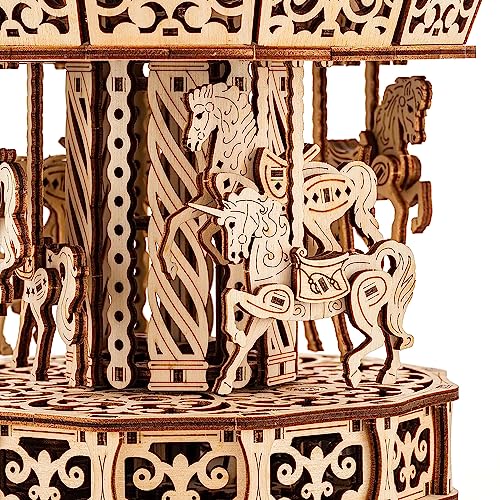 Wood Trick Parisian Carousel Music Box Rotating with Backlit - 3D Wooden Puzzles for Adults and Kids to Build DIY - Wooden Music Box Kit - La Vie en Rose Tune - Engineering DIY Wooden Models