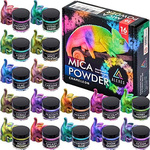 ALEXES Chameleon Mica Powder – Epoxy Resin Color Pigment Powder - Color Shift Mica Powder -16 Colors Jars Set - Holographic Mica Powder ALEXES