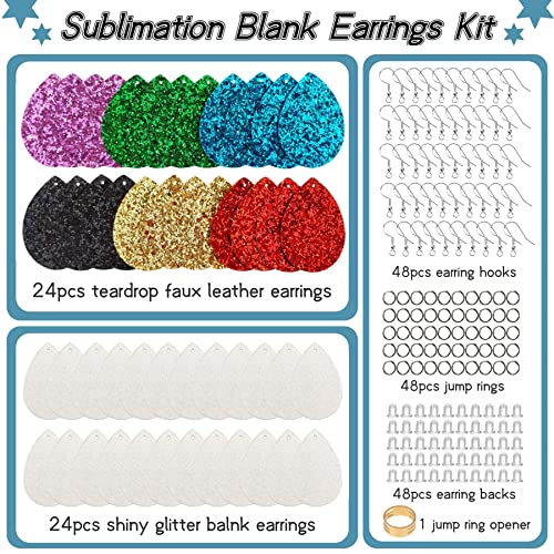 TANGDIAABBCC SHUANGART 194 Pcs Sublimation Blank Superfine Glitter Faux Leather Earrings Kit, Teardrop Embossed Leather Earrings with Sublimation Paper for