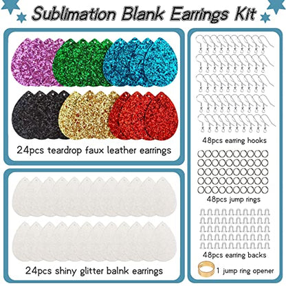 SHUANGART 194 Pcs Sublimation Blank Superfine Glitter Faux Leather Earrings Kit, Chunky Glitter Teardrop Leather Earrings with Sublimation Paper for - WoodArtSupply