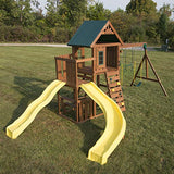 Swing-N-Slide WS 8355 Castlebrook Swing Set with Two Slides, Swings & Climbing Wall, Wood Swing-N-Slide