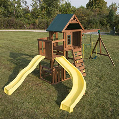 Swing-N-Slide WS 8355 Castlebrook Swing Set with Two Slides, Swings & Climbing Wall, Wood