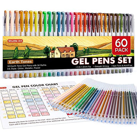 Shuttle Art 60 Pack Earth Tone Gel Pens, 30 Brown Earth Tone Gel Pens with 30 Refills for Adults Coloring Books Journaling Drawing Nature, Shuttle Art