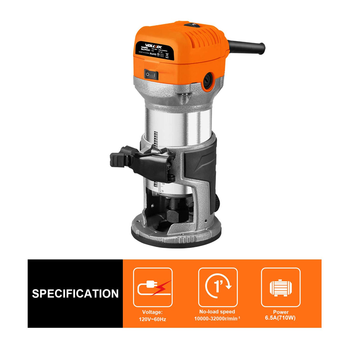 VOLLTEK 6.5-Amp Wood Router Tool, 1.25 HP Compact Trim Router with 5PCS Wood Router Bits, Edge Guide, Roller Guide, Dust Hood and 1/4" & 3/8" Collets VOLLTEK