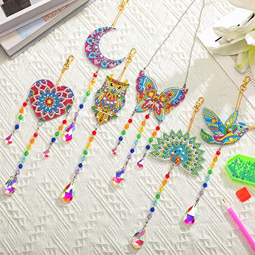 Lenwen 8 Pcs Diamond Painting Suncatcher Wind Chime Double Sided Crystal Gem Painting Hanging Ornament 5D Crystal Butterfly Heart Hummingbird Diamond - WoodArtSupply