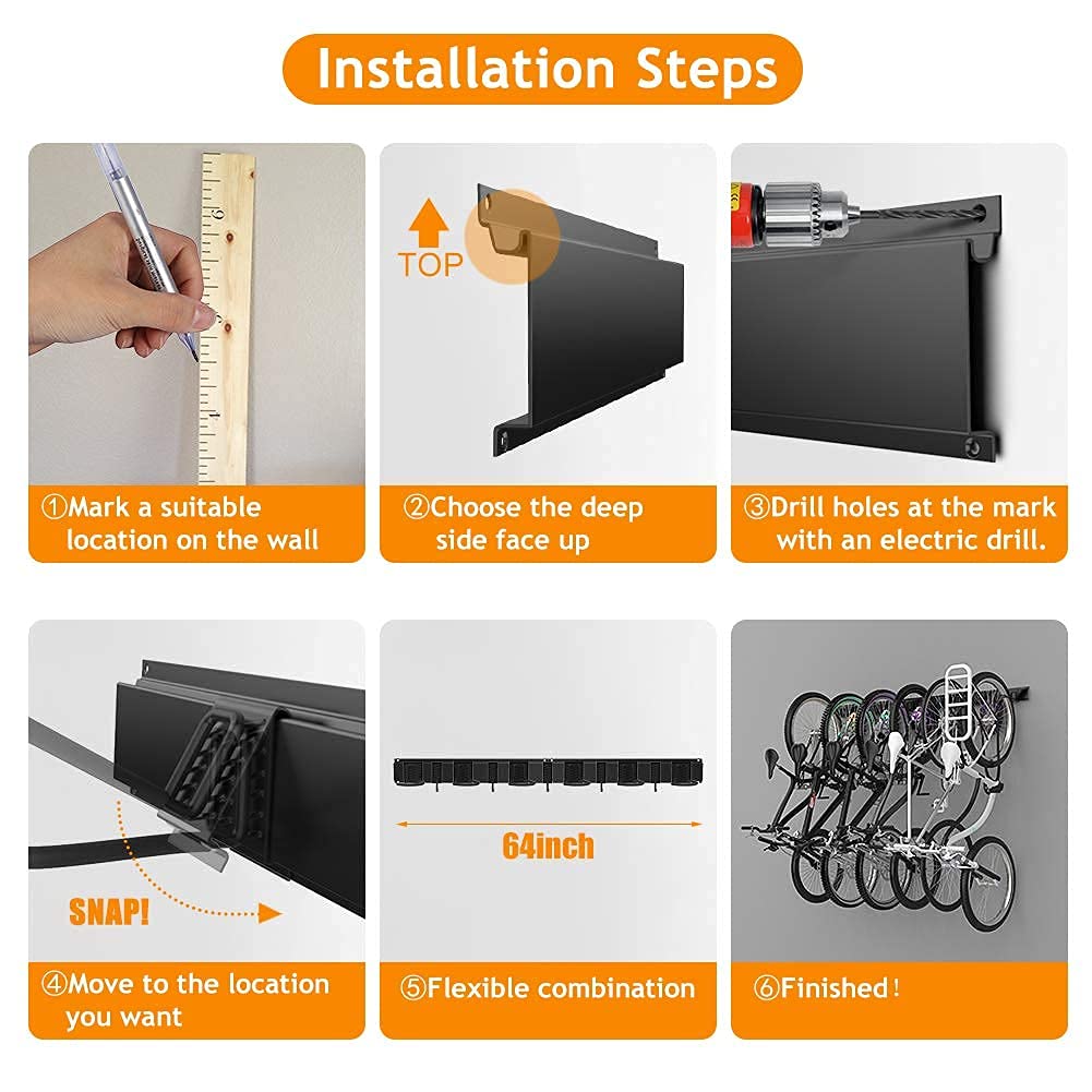 TORACK Bike Storage Rack, 6 Bike Racks & 5 Hooks for Garage, Wall Mount Vertical Bicycles Hanger for Home Space Saving, up to 600lbs, 64-inch TORACK