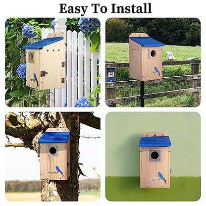 SUQEFAN 11" H Hanging Wood Blue Bird House for Outside Clearance with Metal Guard，Birdhouses for Outdoor Finch Bluebird Cardinals，Gifts for Bird - WoodArtSupply