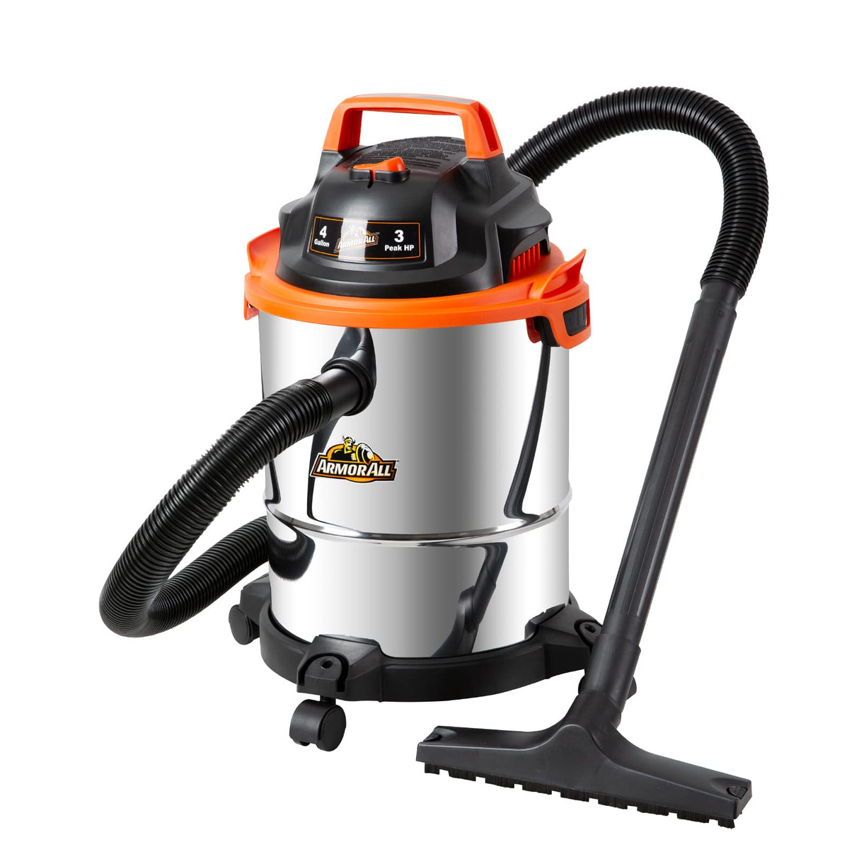 Armor All VO408S 0901 4 Gallon Wet/Dry Vac 3.0 Peak HP Shop Vacuum with 3 Nozzles and 1 Brush, Stainless Steel Tank, Orange Armor All
