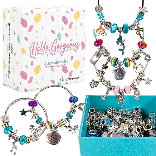 Horizon Group USA Charm Jewelry Set, Charm Bracelet Making Kit, Jewelry Making Supplies, Glass Beads, Unicorn/Mermaid Crafts Gifts Set for Girls Horizon Group USA
