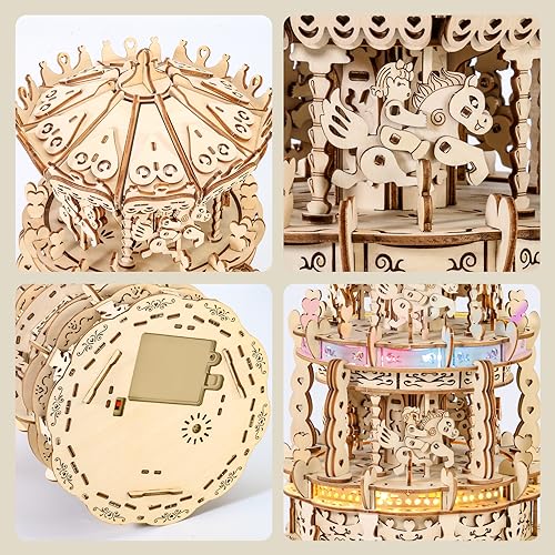 MIEBELY 3D Wooden Puzzles for Adults LED Carousel Music Box - DIY Crafts Model Building Kits for Teens Mechanical Model Stem Project Christmas Toy MIEBELY