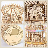 MIEBELY 3D Wooden Puzzles for Adults LED Carousel Music Box - DIY Crafts Model Building Kits for Teens Mechanical Model Stem Project Christmas Toy MIEBELY