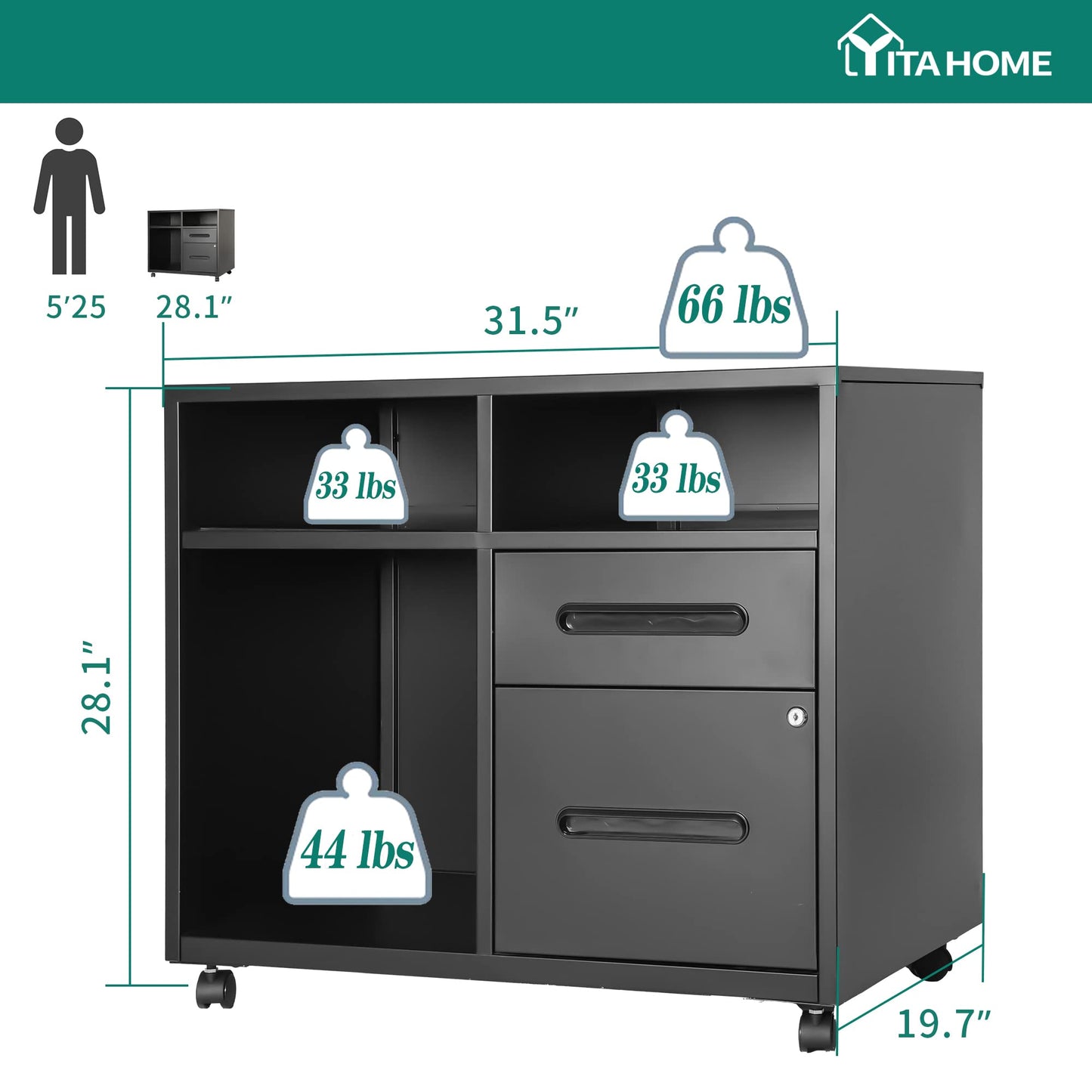 YITAHOME 2-Drawer Filing Cabinet, Office Metal Stainless Steel Mobile Lateral Filing Cabinet On Wheels, Printer Stand with Open Storage Shelves for