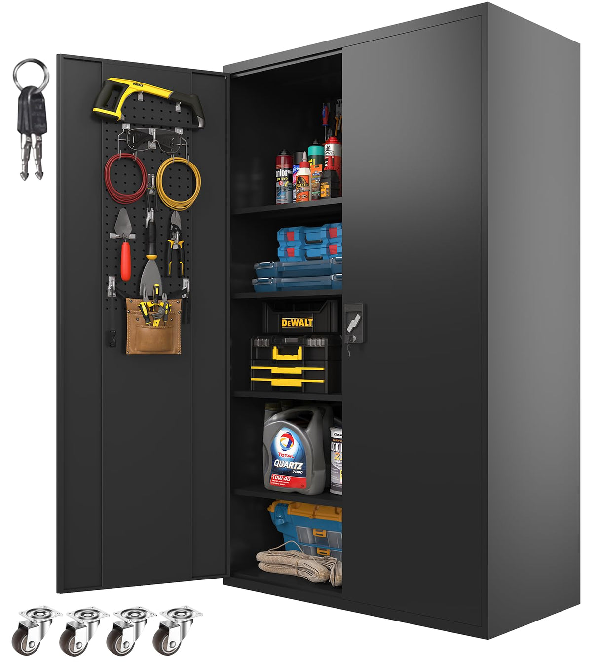 Fohufo Upgraded Wide Metal Storage Cabinet - 72 Inch Black Lockable Garage Cabinet with Wheels & 4 Adjustable Shelves | Heavy-Duty Steel Cabinet for Fohufo