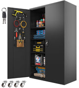 Fohufo Upgraded Wide Metal Storage Cabinet - 72 Inch Black Lockable Garage Cabinet with Wheels & 4 Adjustable Shelves | Heavy-Duty Steel Cabinet for Fohufo