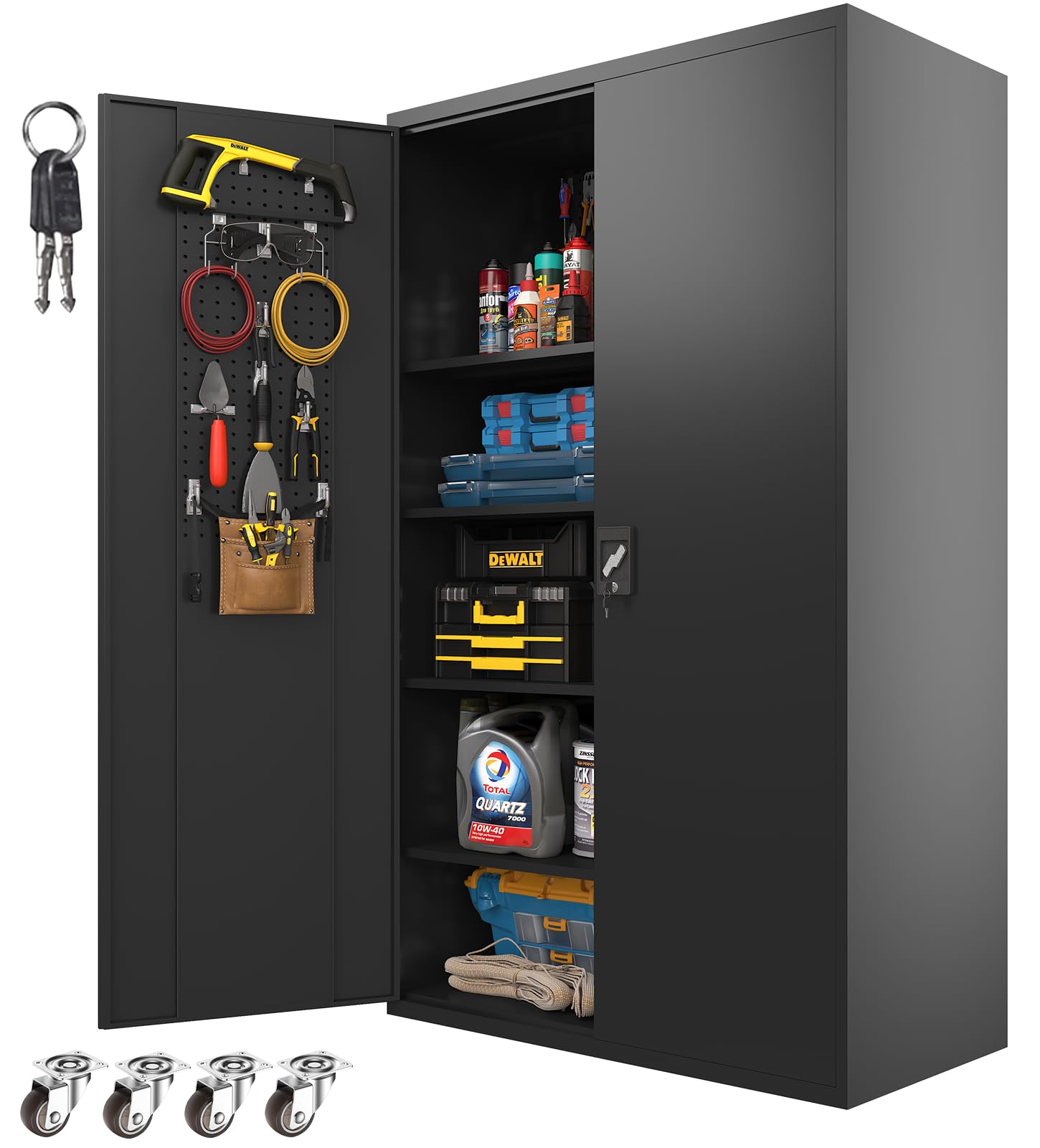 Fohufo Upgraded Wide Metal Storage Cabinet - 72 Inch Black Lockable Garage Cabinet with Wheels & 4 Adjustable Shelves | Heavy-Duty Steel Cabinet for - WoodArtSupply