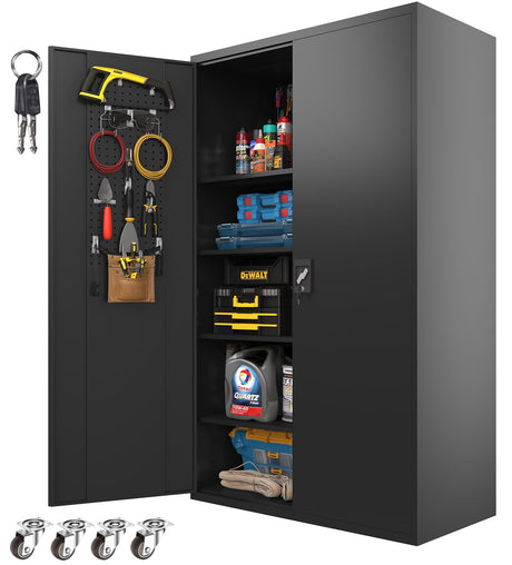 Fohufo Upgraded Wide Metal Storage Cabinet - 72 Inch Black Lockable Garage Cabinet with Wheels & 4 Adjustable Shelves | Heavy-Duty Steel Cabinet for Fohufo