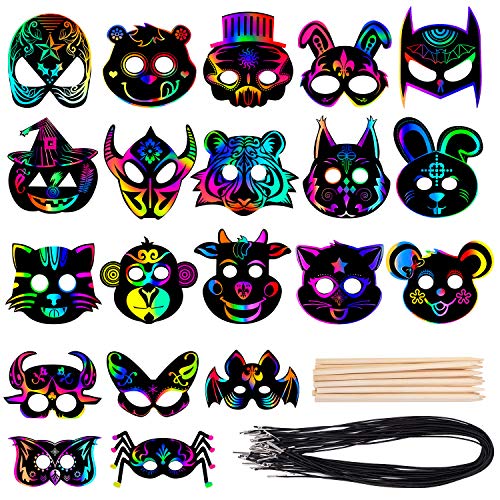 KXCOFTXI Halloween Mask Craft Kit for Kids, 52 Pcs Kids Magic Scratch Paper Animal Masks, DIY Rainbow Scratch Art Masks for Halloween and Animal