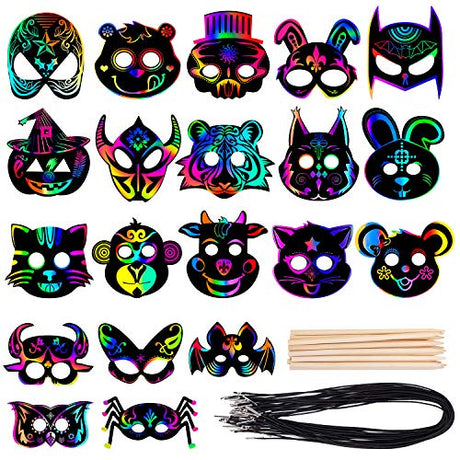 KXCOFTXI Halloween Mask Craft Kit for Kids, 52 Pcs Kids Magic Scratch Paper Animal Masks, DIY Rainbow Scratch Art Masks for Halloween and Animal KXCOFTXI
